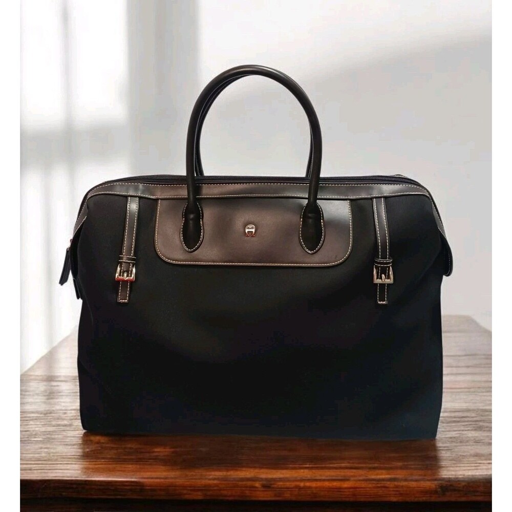 Etienne Aigner Women's Black Canvas Leather Tote Bag Purse All Aboard Collection